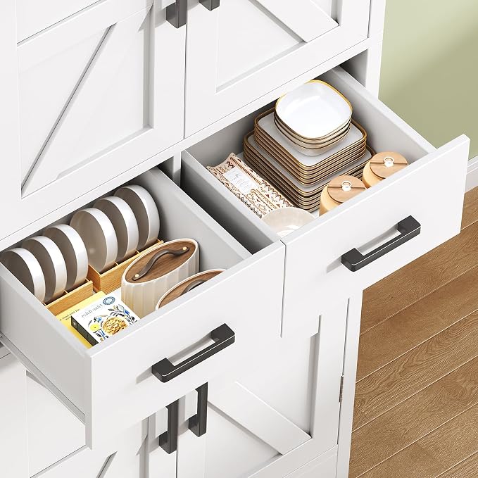 TEENFON 53" H Pantry Cabinet with 2 Drawers, Kitchen Storage Cabinet with 4 Door Shelves, Kitchen Pantry for Living Room, Dining Room, Bathroom, White