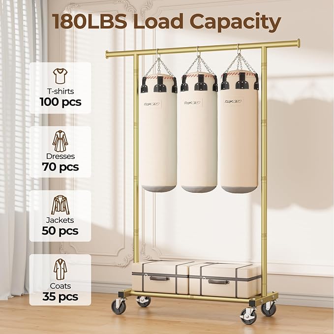 Clothes Rack, Clothing Rack for Hanging Clothes, Rolling Garment Rack Sturdy Coat Rack Portable Wardrobe Rack Metal Closet Rack for Bedroom Laundry Living Room, Gold