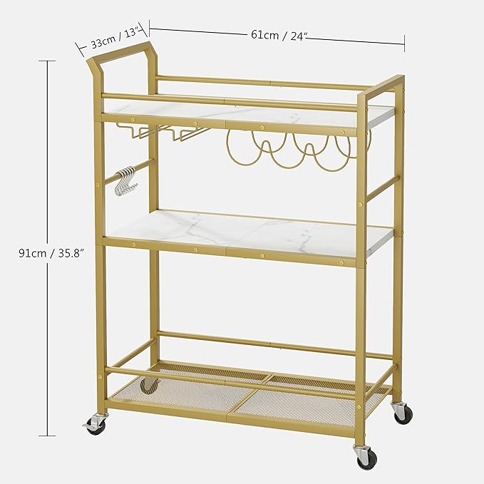3 Tier Bar Cart, Small Beverage Cart, Mini Bar Cart with Wine Rack, Home Bar Serving Cart with Wheels for Kitchen Dining Living Room (Gold, General)