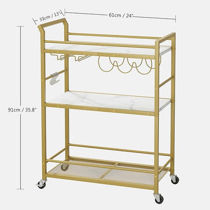 3 Tier Bar Cart, Small Beverage Cart, Mini Bar Cart with Wine Rack, Home Bar Serving Cart with Wheels for Kitchen Dining Living Room (Gold, General)