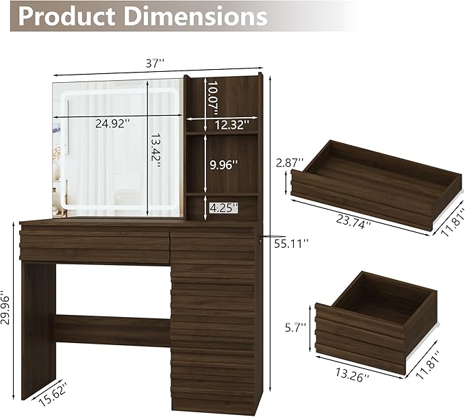 Fluted Vanity Desk with HD Mirror and Lights, Wood Makeup Vanity Table with 4 Drawers & Open Shelves, Mid Century Dressing Table Set with Charging Station, 3 Color Lighting Modes for Bedroom, Walnut