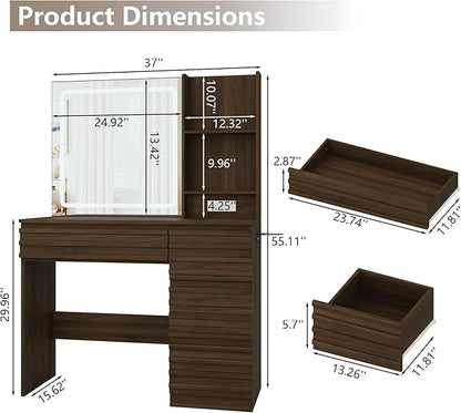 Fluted Vanity Desk with HD Mirror and Lights, Wood Makeup Vanity Table with 4 Drawers & Open Shelves, Mid Century Dressing Table Set with Charging Station, 3 Color Lighting Modes for Bedroom, Walnut