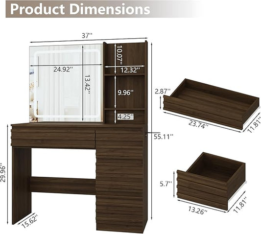 Fluted Vanity Desk with HD Mirror and Lights, Wood Makeup Vanity Table with 4 Drawers & Open Shelves, Mid Century Dressing Table Set with Charging Station, 3 Color Lighting Modes for Bedroom, Walnut