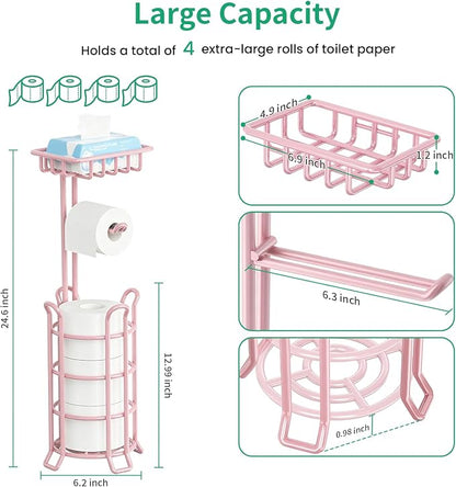 TomCare Toilet Paper Holder Stand with Storage Shelf Tissue Paper Roll Dispenser Free Standing 4 Raised Feet Toilet Paper Storage Metal Bathroom Organizers and Storage, Pink