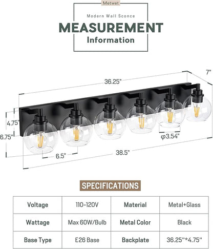 Bathroom Light Fixtures, 6 Light Matte Black Vanity Light, 38 Inch Modern Wall Sconces with Globe Clear Glass Shade, Vanity Lighting Fixtures Over Mirror, VL195-MB-6