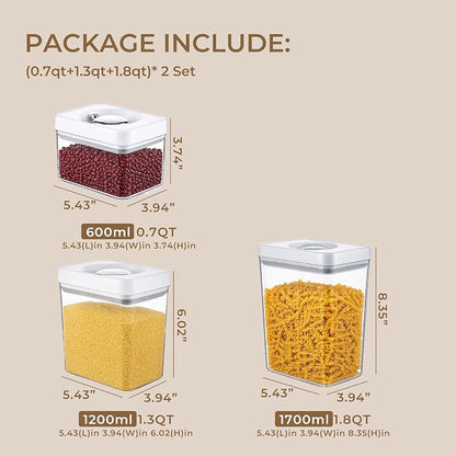 UFORU Food Storage Containers with Twist Lids, 6 Pcs Airtight Food Storage Containers Set, Stackable Kitchen Pantry Organizer, Rotary Opening Containers for Flour, Cereal & Sugar(0.7/1.3/1.8QT)*2