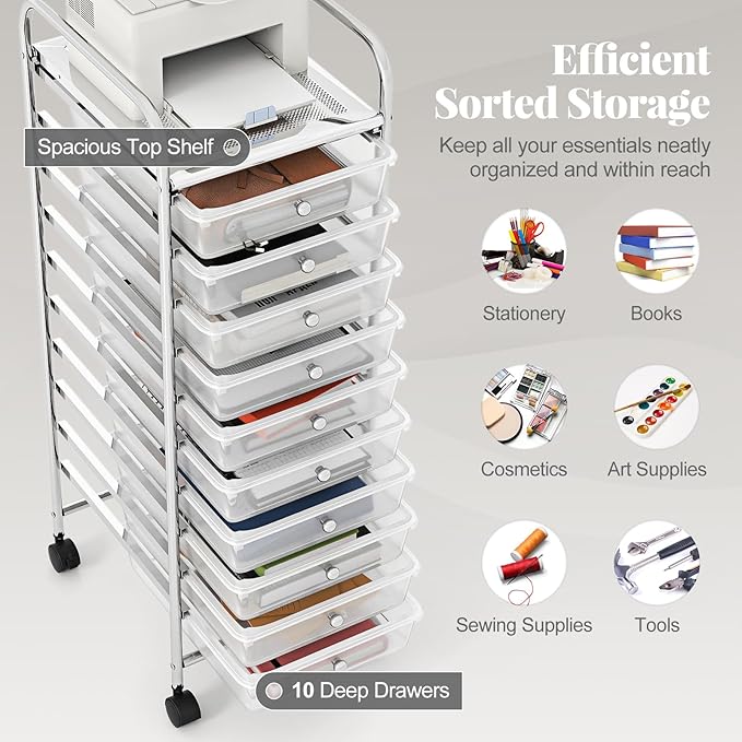 RELAX4LIFE 10-Drawer Rolling Storage Cart, Utility Cart with Metal Frame, Lockable Wheels & Removable Drawers, Multipurpose Art Craft Organizer for Home Office Classroom (Clear)