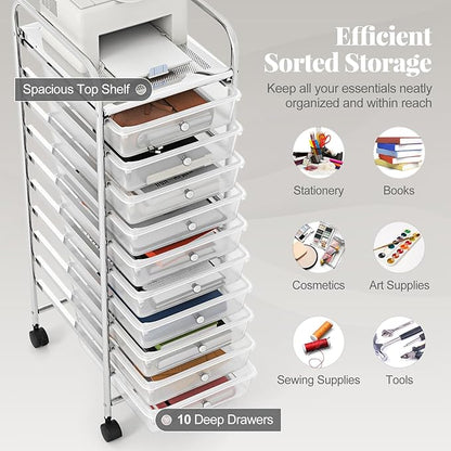RELAX4LIFE 10-Drawer Rolling Storage Cart, Utility Cart with Metal Frame, Lockable Wheels & Removable Drawers, Multipurpose Art Craft Organizer for Home Office Classroom (Clear)