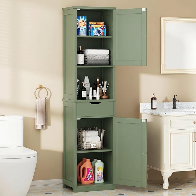 Walsunny Tall Bathroom Storage Cabinet with Freestanding Adjustable Shelves, Narrow Storage Linen Cabinet with 2 Doors and 1 Drawer for Bathroom, Living Room, Kitchen, Green