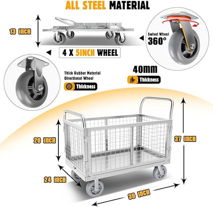 Platform Truck Cart with Cage, 6-in-1 Flatbed Utility Carts, Foldable Heavy Duty Push Cart Dolly W/Swivel Wheel, Rmovable Side, 1800lbs Capacity, 39"x24" Hand Truck for Groceries, Garage, Warehouse
