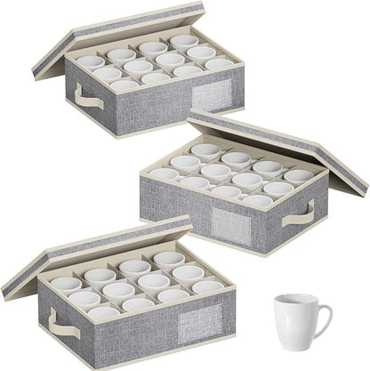 Lifewit 3 Pcs Coffee Mug Storage Box with Dividers, Stackable Cationic Hard Shell Stemware Containers with 48 Cells, Foldable Dustproof China Containers for Moving, Light Grey