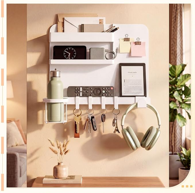 Novabright White 13 x 10 Inch Bedside Wall Organizer for Bedroom, Large Metal Floating Bedside Shelf Wall Mount Storage for Phone Remote Control Cup Holder Dorm Room, Rv, Small Room Accessories