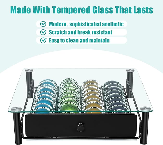 ROWISE Coffee Pod Drawers, Crystal Tempered Glass Pod Holder Drawer Compatible with Nespresso Capsules, Holds Up to 40 Capsules, Size 14"x15.5"x4.5"