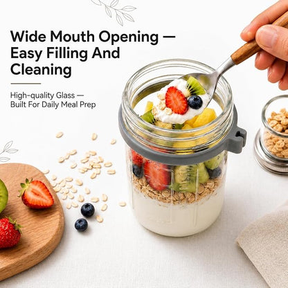 4 Pack Overnight Oats Containers With Lids And Spoons, (16Oz+5Oz) Glass Mason Jars With Dry And Wet Separation For Cereal Nut Fruit Salad Chia Pudding Yogurt, Meal Prep Jars