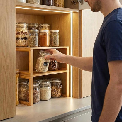JinDoWin Bamboo Kitchen Cabinet Organizer Shelf | Stackable & Expandable Shelf Organizer | Pantry organizers and storage | Spice Rack Organizer for Cabinet, Holds Dishes & Tableware (2, W11.8″)