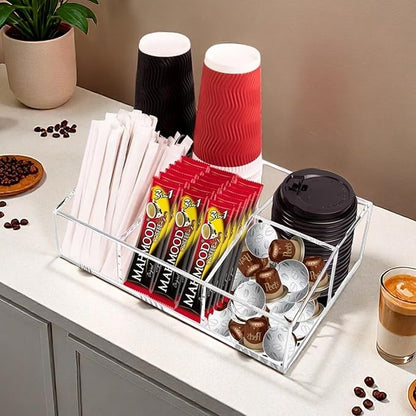 Coffee Station Organizer for Countertop - Clear Acrylic Coffee Bar Accessories and Organizer with Removable Dividers for Pods Condiment Syrup Tea Cups Stirrers Tea Bag - Farmhouse Table Decor