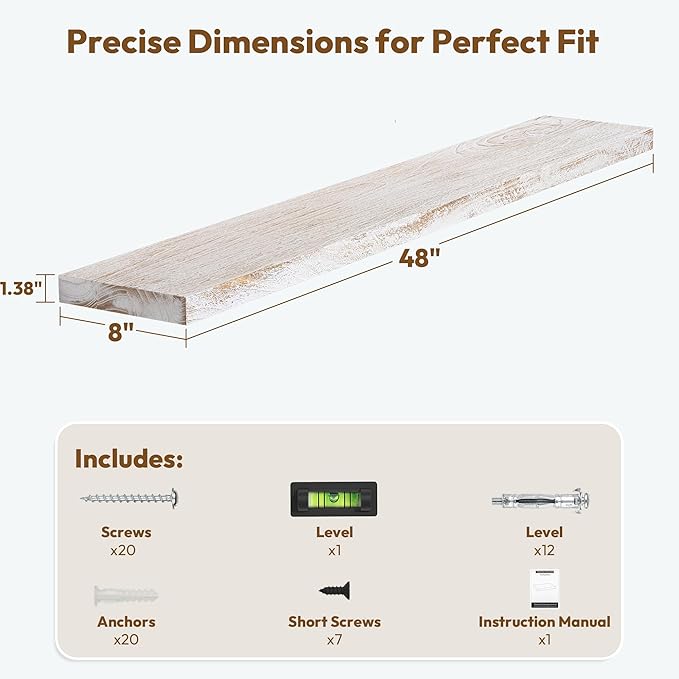 Vivelove Elm Wood Long Floating Shelves for Wall, 48 inches x 8” Deep Wooden Shelves, for Living Room Bedroom Kitchen Bathroom Office, Rustic Farmhouseme Decor, Set of 1 - Distressed Washed White