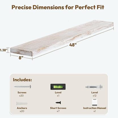 Vivelove Elm Wood Long Floating Shelves for Wall, 48 inches x 8” Deep Wooden Shelves, for Living Room Bedroom Kitchen Bathroom Office, Rustic Farmhouseme Decor, Set of 1 - Distressed Washed White
