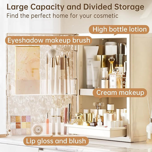 HAIXIN Makeup Organizer with Drawer & Brush Holder, Plastic Cosmetic Display Cases, Large Vanity Organizer Countertop Waterproof for Skincare, Perfume, Bathroom & Dresser (White & Amber)