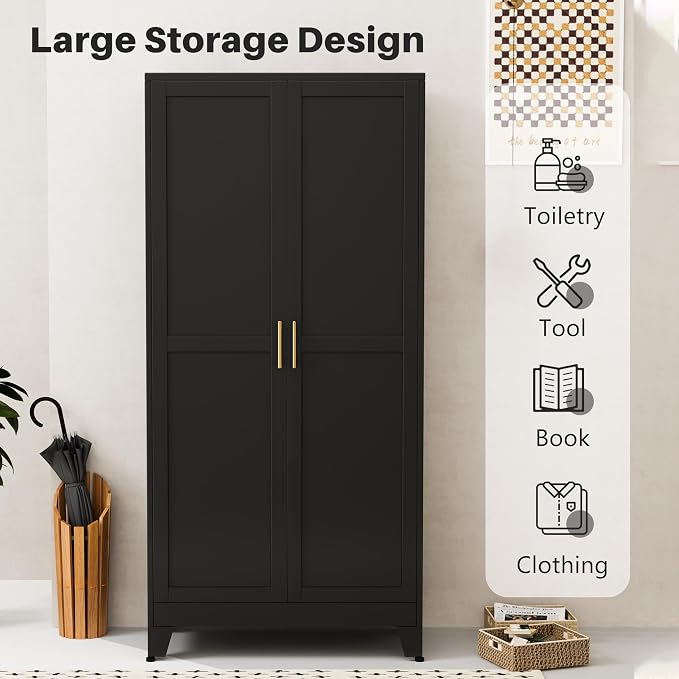 winiowa Metal Armoire Wardrobe Closet with 2 Doors, 71" Wardrobe Cabinet with Adjustable Shelves and Hanging Rod, Clothing Storage Cabinet Closet for Bedroom-Black