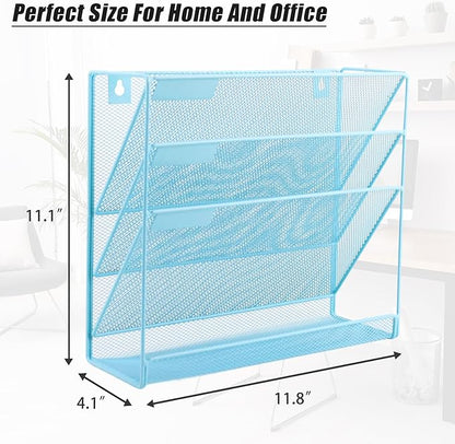 EASEPRES Desk File Organizer Mesh 4-Tier, Hanging Wall Mount Document Organization Stand, Desktop Vertical Mail Paper Folder Holder Rack with Bottom Tray for Office Home Cubicle Countertop, Blue