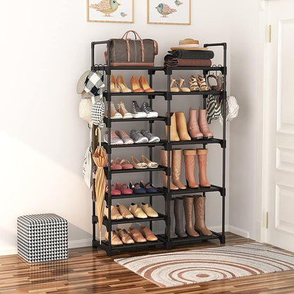 ROJASOP Shoe Rack Organizer, 8-Tier Metal Shoe Rack for Closet Entryway Garage, 26-32 Pairs Tall Shoe Boot Storage Shelf with 15 Hooks, Stackable Large Shoe Stand