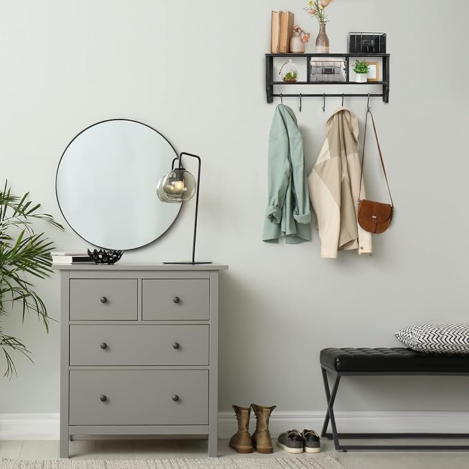 HBCY Creations Wall Mounted Shelf with Coat Hooks and Baskets, Solid Wood Entryway Organizer Wall Shelf with Hooks - Hang Coats, Keys, Rustic Blackwash 24" Wide
