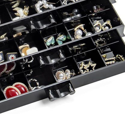 YUFONG Earring Storage Box Organizer 3 Drawers Acrylic Jewelry Storage Box Holder Transparent Jewelry Display Stand with 72 Small Compartments Gift for Women Girls (Black)