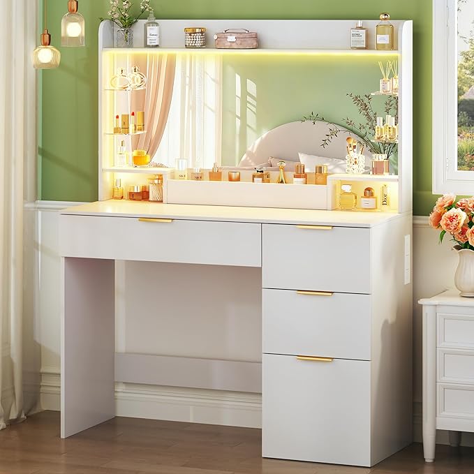 Vanity Desk with Mirror and Lights, Makeup Vanity with Lights, 3 Color Lighting Modes, Vanity Desk with Large Mirror & 4 Storage Drawers & Acrylic Shelves for Bedroom, White