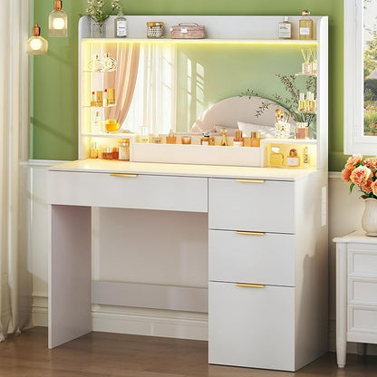 Vanity Desk with Mirror and Lights, Makeup Vanity with Lights, 3 Color Lighting Modes, Vanity Desk with Large Mirror & 4 Storage Drawers & Acrylic Shelves for Bedroom, White