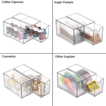 ELLDOO 2 Drawers Tea Bag Organizer, Clear Acrylic Stackable Tea Bag Storage Holder for Kitchen Pantry, Coffee Pod Snack Storage for Countertop Cabinet