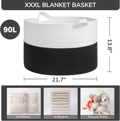 INDRESSME Large Cotton Rope Baskets for Storage, 21.7 x 13.8 Blanket Storage for Living Room Toy Baskets Kids, Baby Laundry Basket for Dirty Clothes, Pillows, 90L White & Black