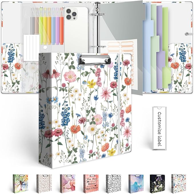 3 Ring Binder 2 Inch for 8.5"x11" Paper, Three Ring Binders with Clipboard, 5 Dividers with Tabs and Pockets, Plastic Folder, 18 Divider Stikers,Cute Binder with Pen Holder,Blue Bloom