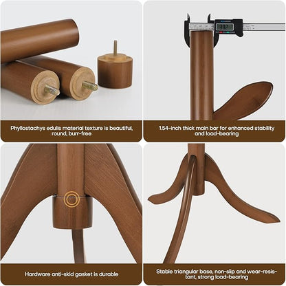 Wood Coat Rack Freestanding Coat Tree Rack with 8 Leaf Hooks, 3-Size Height Adjustable for Adults and Younger, Clothes Hanger Stand for Jacket, Hat, Entryway, Hallway, Corner, Bedroom (Vintage Brown)