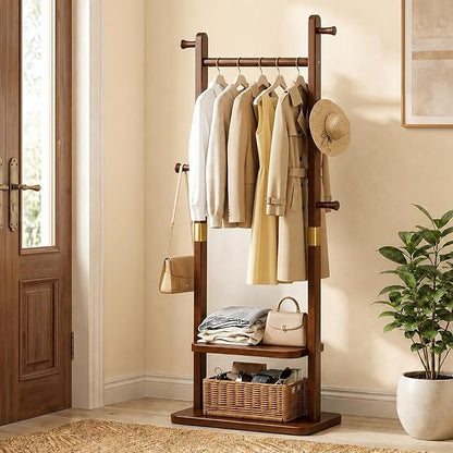 Taitiy Solid Wood Coat Rack, Freestanding Clothing Rack with 2 Shelves Storage & 5 Hooks, Heavy Duty Clothes Rack Stand for Hall, Bedroom, Living Room