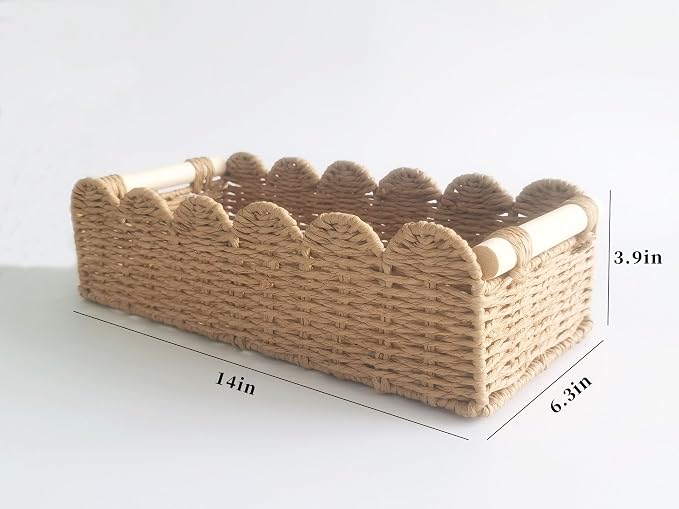 2-Pack Scalloped Woven Paper Rope Baskets with Wood Handles – Toilet Paper Storage Basket for Tank & Counter, Decorative Bins for Bathroom, Shelves, and Living Room