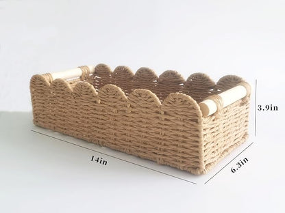 2-Pack Scalloped Woven Paper Rope Baskets with Wood Handles – Toilet Paper Storage Basket for Tank & Counter, Decorative Bins for Bathroom, Shelves, and Living Room