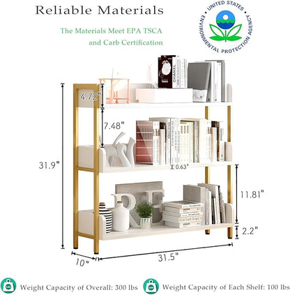Wide Open Shelf Bookcase - Modern 3-Tier Floor Standing Display Bookshelf with Three-Side Panels for Home and Office, Storage Shelving in Warm White with Gold Frame