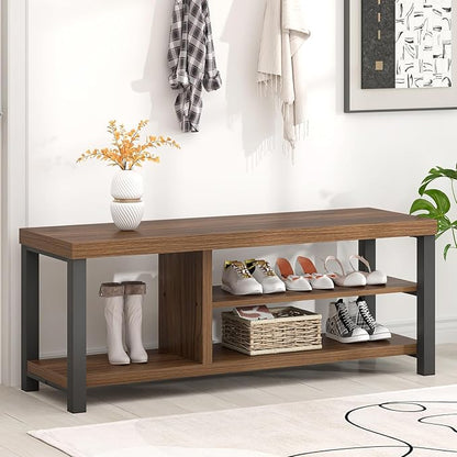 FOLUBAN Shoe Bench, Modern Wood and Metal Storage Bench for Entryway Hallway, Industrial Indoor Shoe Rack Bench Seat for Bedroom, Living Room, Rustic Walnut, 43.3 Inch