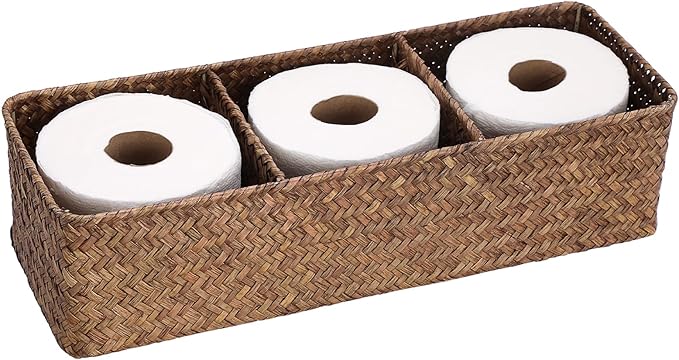 Hipiwe Handwoven Wicker Storage Box 3 Sections Seagrass Basket Bin Toilet Paper Holder for Bathroom Shelf Organizer for Kitchen Living Room, Coffee Color