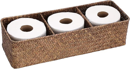 Hipiwe Handwoven Wicker Storage Box 3 Sections Seagrass Basket Bin Toilet Paper Holder for Bathroom Shelf Organizer for Kitchen Living Room, Coffee Color
