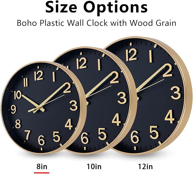 HZDHCLH Wall Clocks Battery Operated,Wall Clock Black Gold,8 inch Wall Clock Silent Non Ticking Modern 3D Numbers for Kitchen Bedroom Living Room Office Classroom Decor