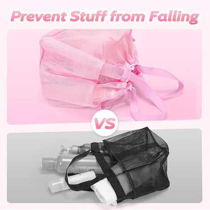Mesh Shower Caddy Portable with Drawstring, Dorm Room Essentials for College Students Girls, Large Shower Bag for Camping,Swimming,Gym,Travel,Bathroom - Pink