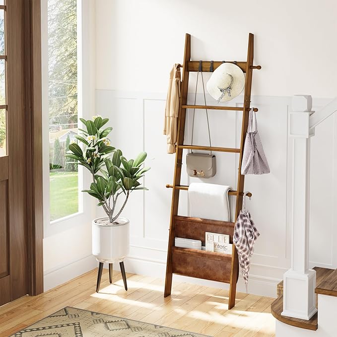 ELYKEN Blanket Ladder for Living Room, 5-Tier Wooden Towel Rack with Synthetic Leather Pocket, 4 Removable Hooks, Decorative Leaning Ladder Shelf for Bedroom, Walnut