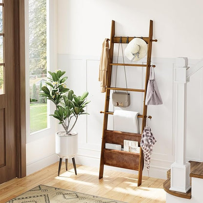 ELYKEN Blanket Ladder for Living Room, 5-Tier Wooden Towel Rack with Synthetic Leather Pocket, 4 Removable Hooks, Decorative Leaning Ladder Shelf for Bedroom, Walnut