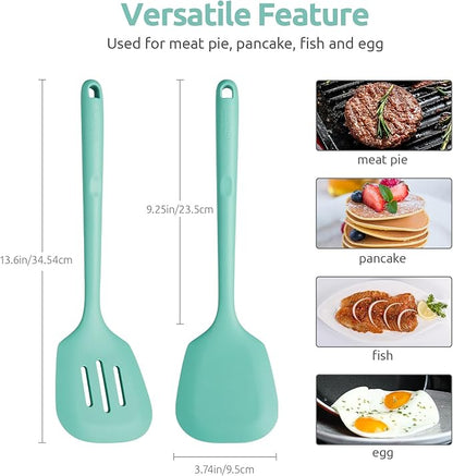 U-Taste 600ºF Heat Resistant Silicone Turners: 13.6in Long Solid & Slotted Kitchen Spatula Flipper, Wide and Large Flexible Cooking Utensil for Flipping Egg, Pancake, Cookie (Aqua Sky, 2PCS)