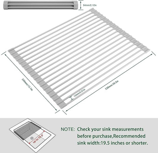 HANZENMA Roll Up Dish Drying Rack Over The Sink Kitchen Roll Up Sink Drying Rack Multipurpose Foldable Sink Drying Mat, Heat-Resistant, Anti-Slip & Anti-Rust Dish Rack for Kitchen, 20.5" x 13", Grey
