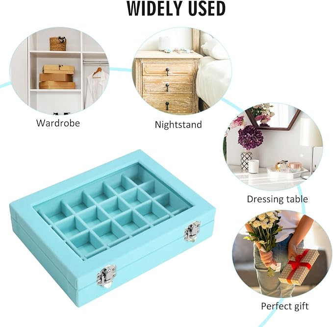 Vicoter Velvet Jewelry Box 24 Grid Jewelry Ring Display Organiser Box Tray Holder Earrings Storage Case for Girls Wife Mom Women (Light Blue)