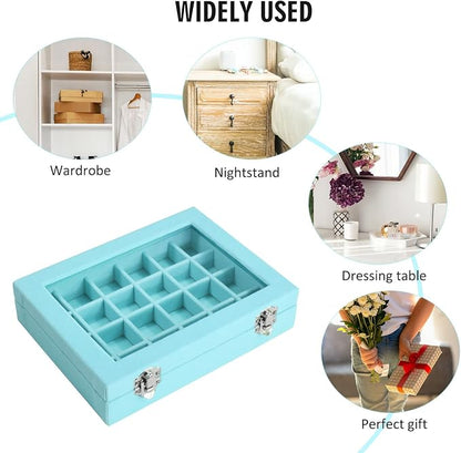 Vicoter Velvet Jewelry Box 24 Grid Jewelry Ring Display Organiser Box Tray Holder Earrings Storage Case for Girls Wife Mom Women (Light Blue)