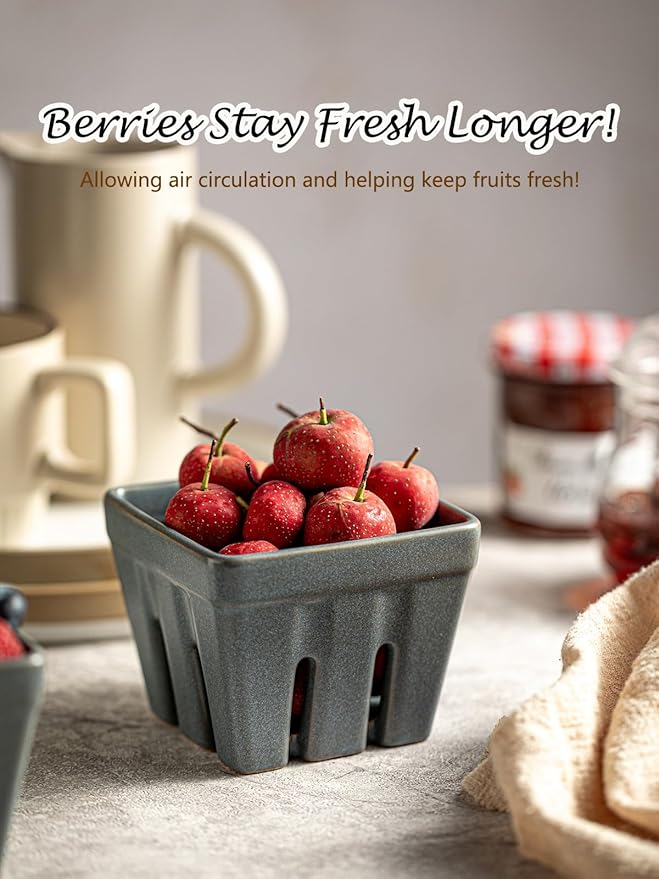 Gomakren Fruit Basket Set of 2, Square Fruit Bowls with Holes, Ceramic Berry Basket Storage Containers for Kitchen Fridge, Cute Strawberry Basket for Berries, Grape, Cherry, Slate Blue